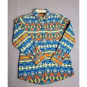 RF Brand Shirt Shacket Mens L Aztec Fleece Orange Blue Yellow Snaps Pockets READ